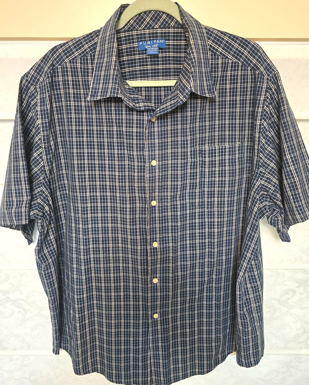 Puritan Shirt Mens 2XL Navy Blue Plaid Short Sleeve Button Up Casual 50-52